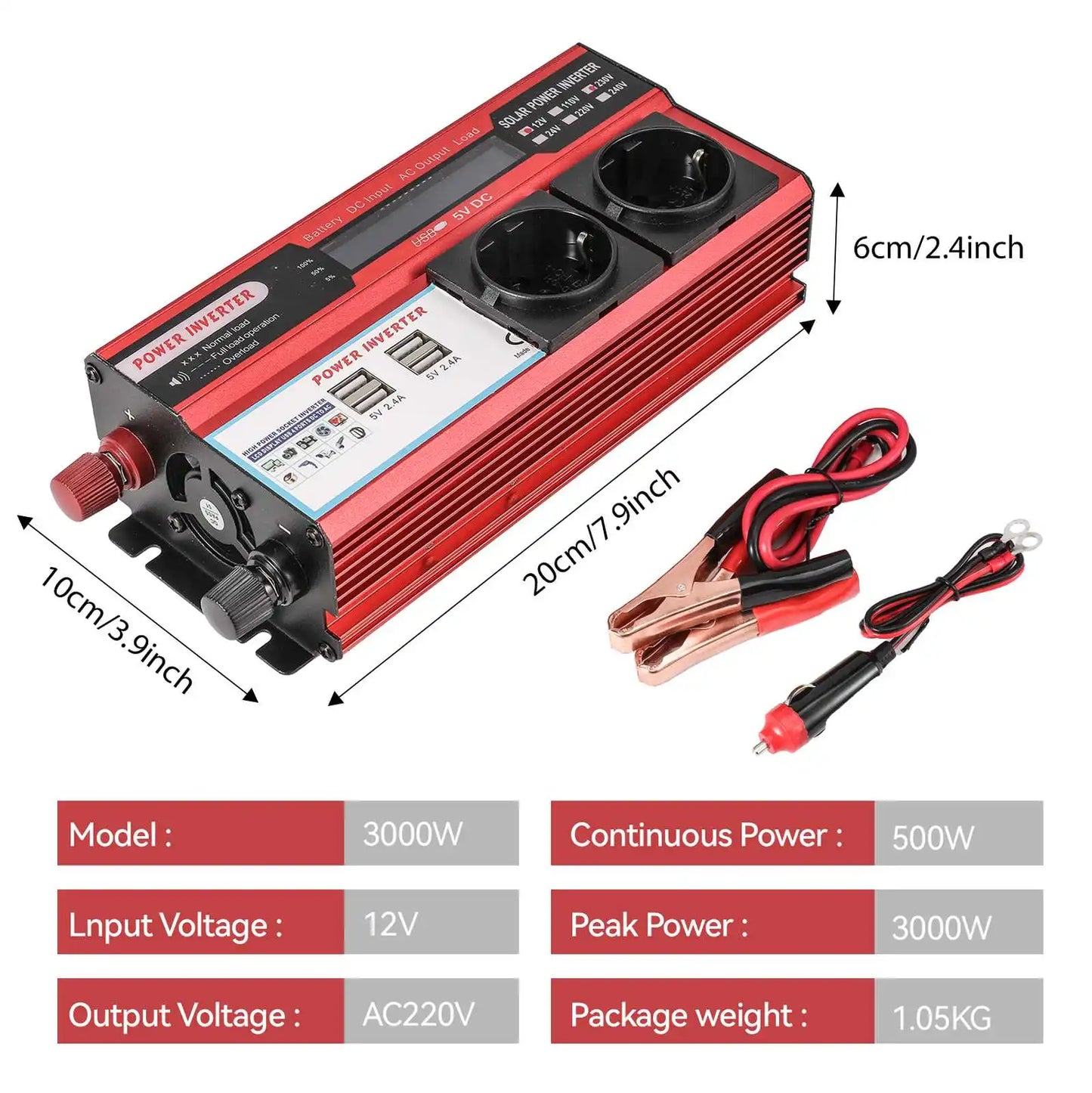 4000W 3000W Power inverter DC 12V to AC 220V transform with 4 USB EU pads Charging with LED display