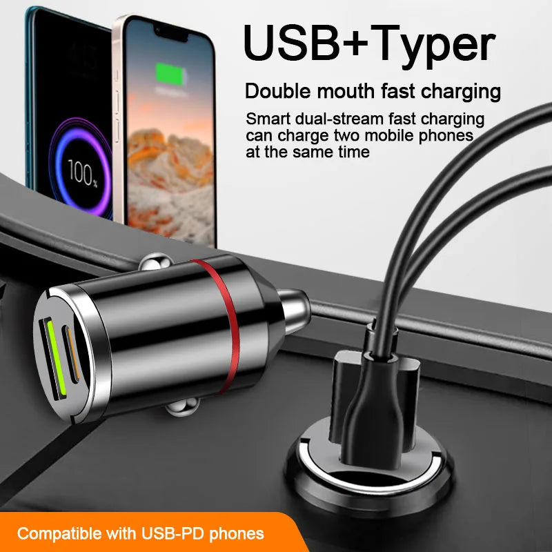 Hidden Car Charger PD30W Mini Pull Ring USB+PD Port Smart Car Charger