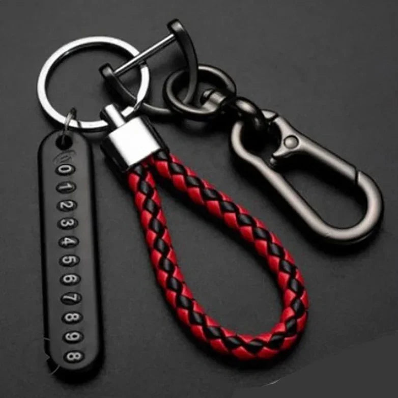 Car Key Chain Deluxe Leather Key Lanyard Cell Phone Number Card Pendant Anti-Lost Metal Buckle Car Key Decoration Accessories