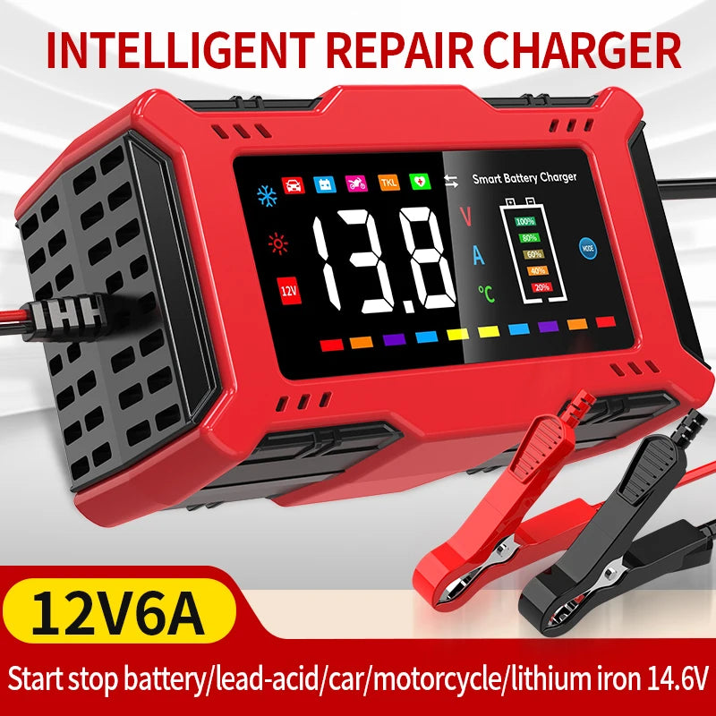 Large Sreen Colorful 6A 12V Smart Car Motorcycle Battery Charger Lead Acid Battery Smart Pulse Repair Fast Charging Device