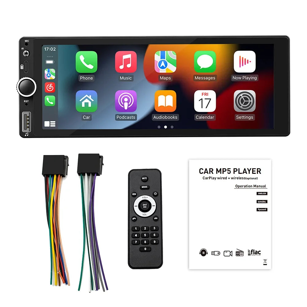 1din 6.86" HD Car Radio Multimedia Carplay Touch Screen Mirror Link Stereo Bluetooth USB FM Camera MP5 Player