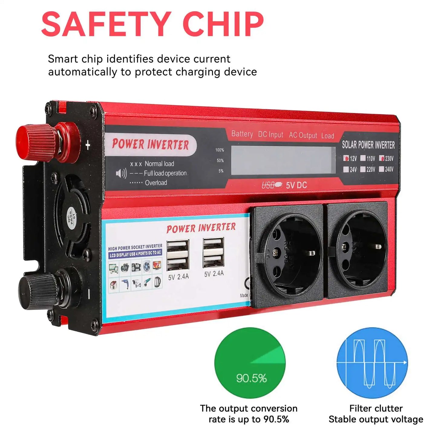 4000W 3000W Power inverter DC 12V to AC 220V transform with 4 USB EU pads Charging with LED display