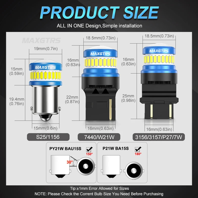2x BA15S P21W LED Bulbs S25 1156 7440 W21W T20 4014 3030 Chip Projector Lens for Reverse Brake Tail Turn Signal Lights Canbus