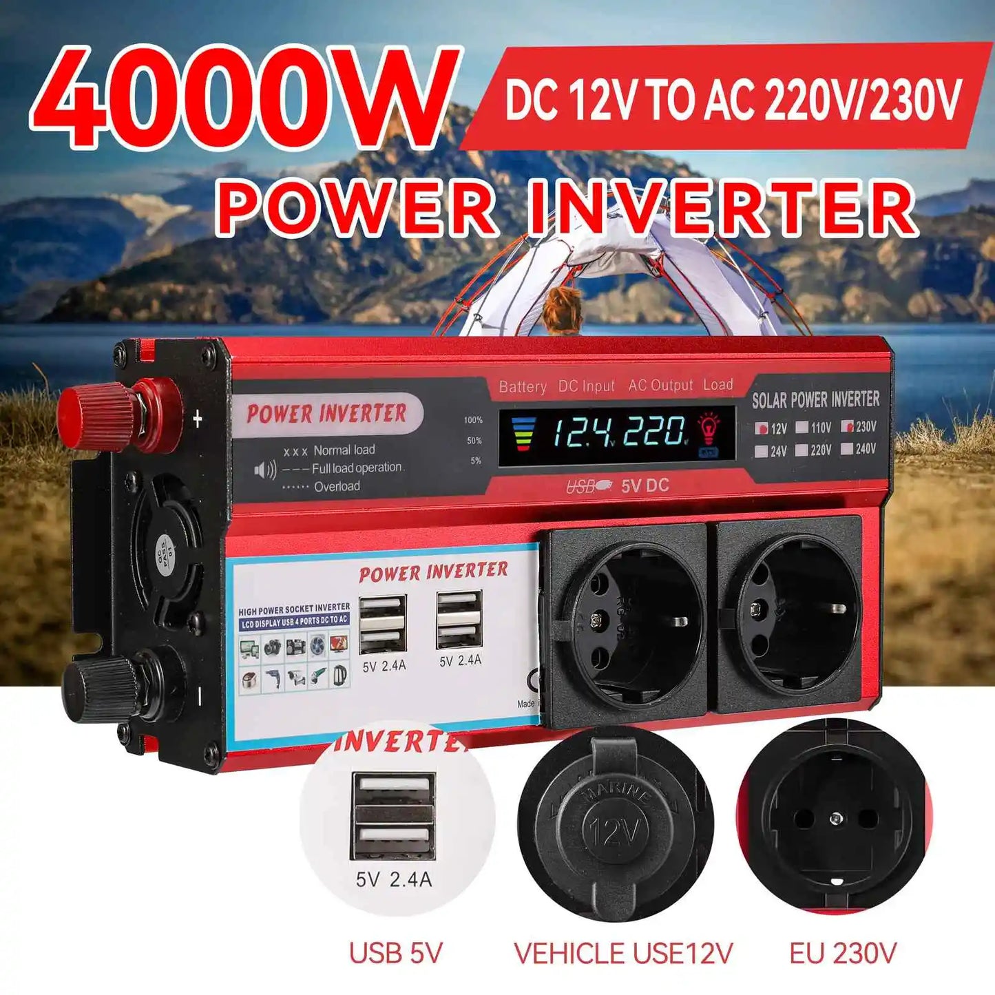 4000W 3000W Power inverter DC 12V to AC 220V transform with 4 USB EU pads Charging with LED display