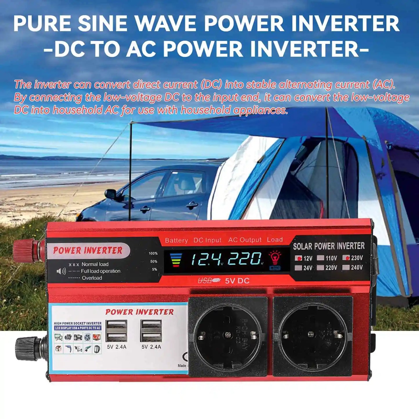 4000W 3000W Power inverter DC 12V to AC 220V transform with 4 USB EU pads Charging with LED display