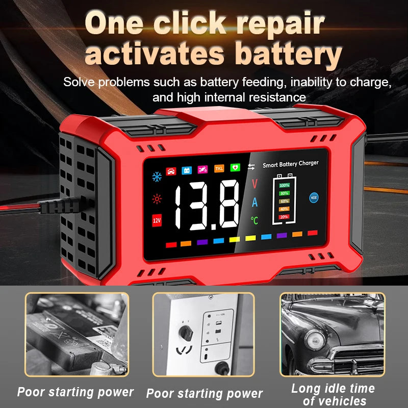 Large Sreen Colorful 6A 12V Smart Car Motorcycle Battery Charger Lead Acid Battery Smart Pulse Repair Fast Charging Device