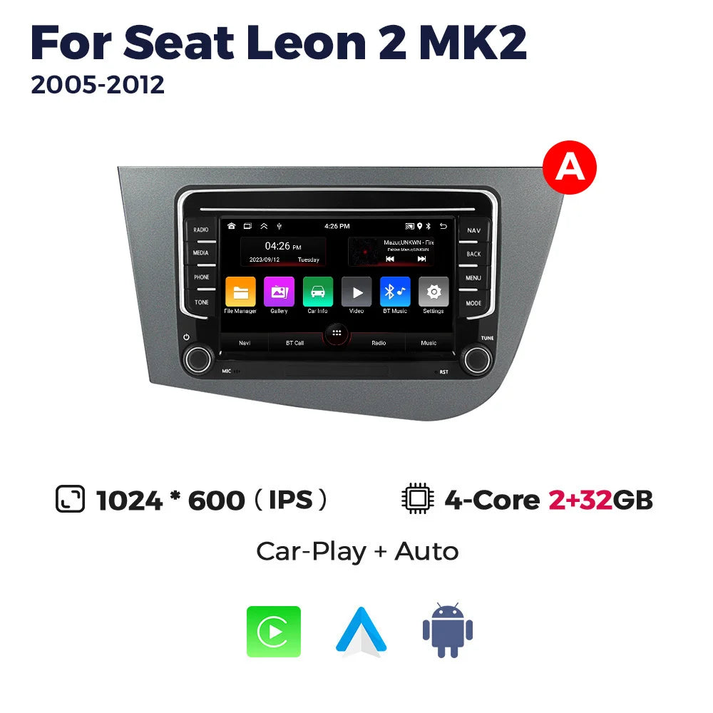 Carplay Android Auto Car Radio for Seat Leon 2 MK2 2005 2006 2007 2008 2009 2010 2011 2012 Multimedia Video Player GPS BT Stereo