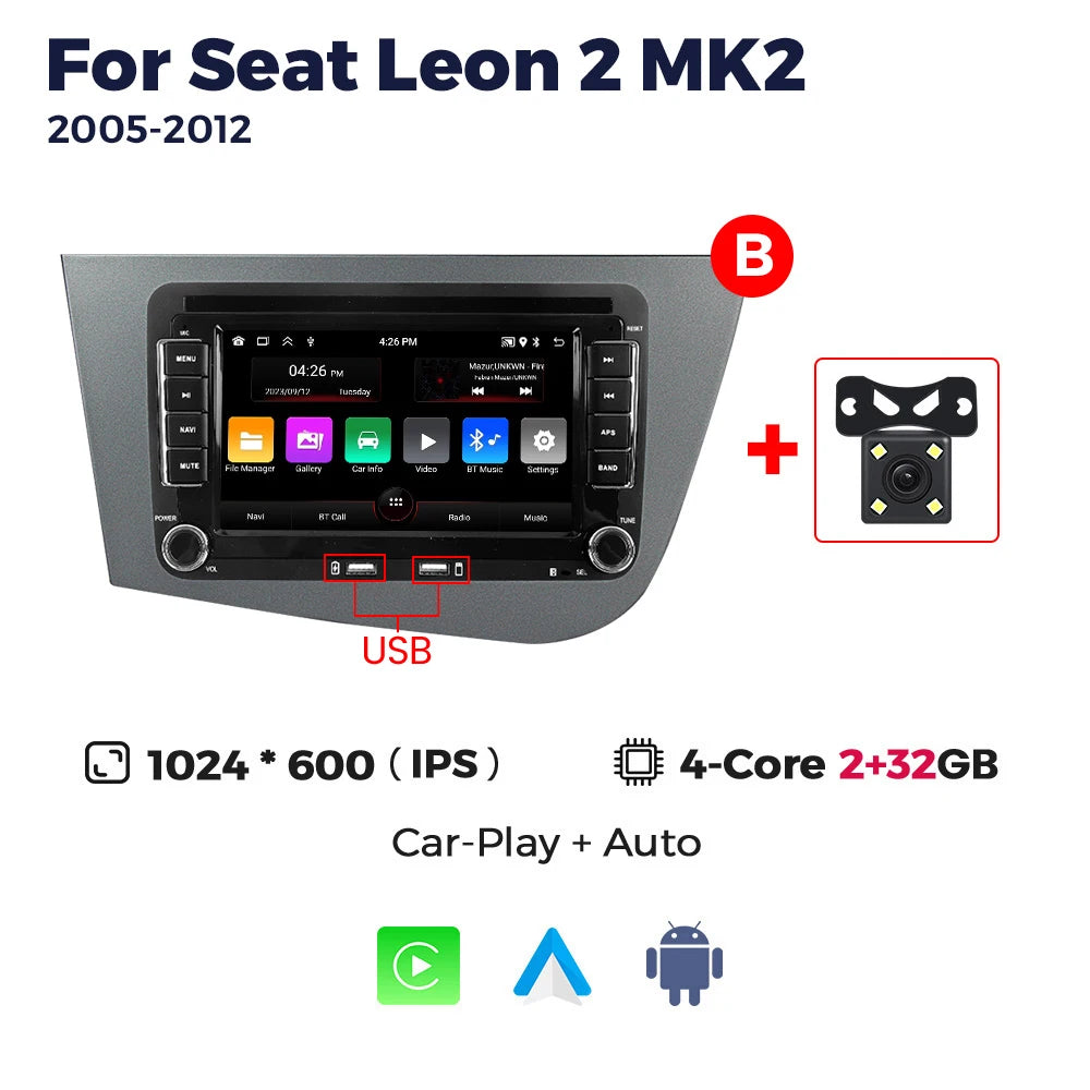 Carplay Android Auto Car Radio for Seat Leon 2 MK2 2005 2006 2007 2008 2009 2010 2011 2012 Multimedia Video Player GPS BT Stereo