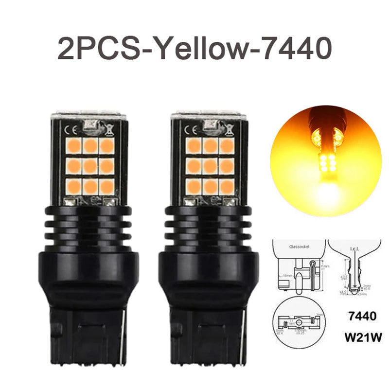 2Pcs T20 7440 Led Turn Signal Light W21W Reverse Light Bulb 3030SMD Universal Car 7443 W21/5W Amber Red Led Brake Light 12V