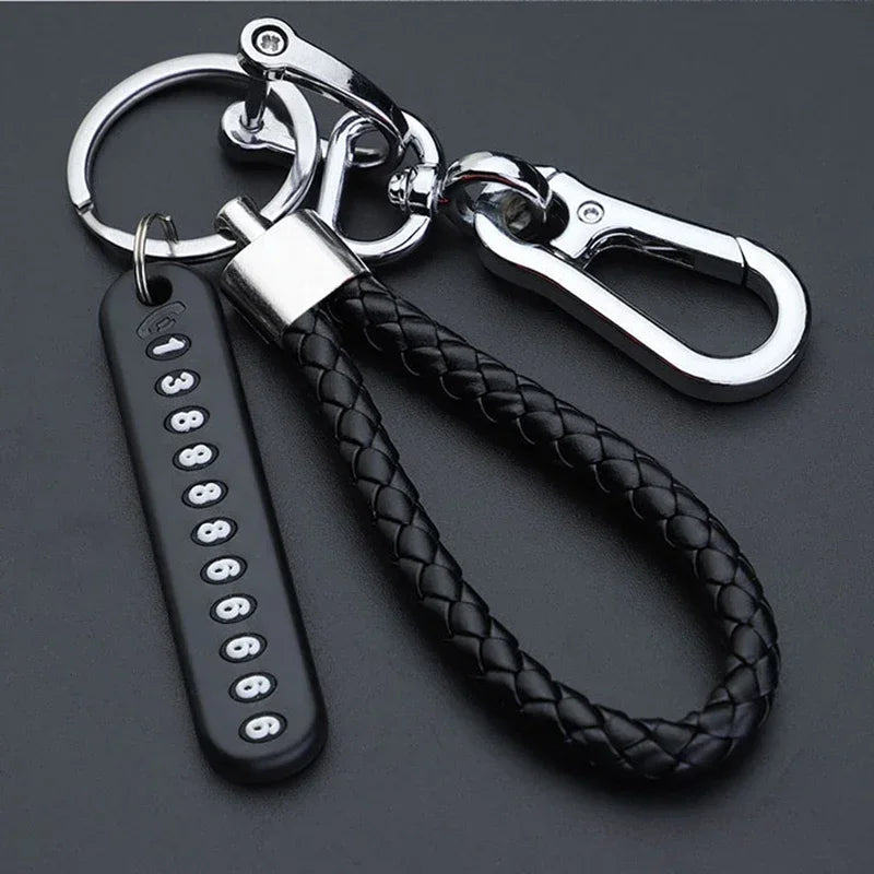 Car Key Chain Deluxe Leather Key Lanyard Cell Phone Number Card Pendant Anti-Lost Metal Buckle Car Key Decoration Accessories