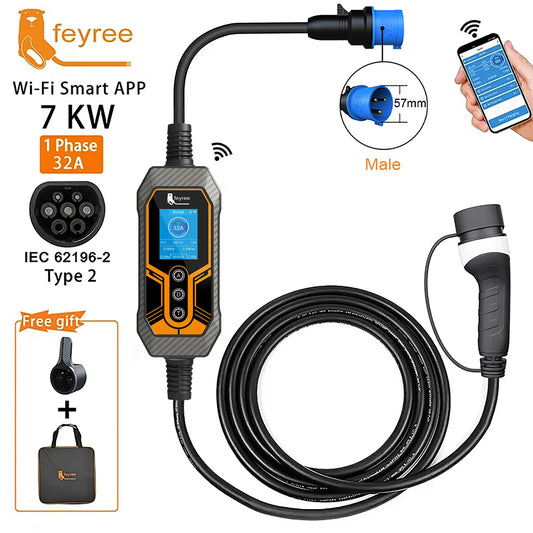 feyree Portable EV Charger Type2 32A 7KW Wi-Fi APP Control Current Adjustable Smart Timing Charging EVSE Wallbox Home&Outdoor