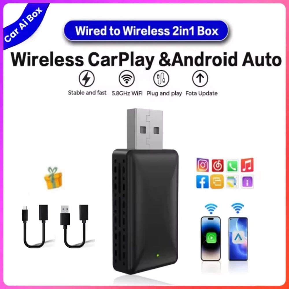 2In1 Wired To Wireless Carplay Android Auto Adapter for Volvo Mercedes-Benz Kia Chery Volkswagen Oem Car Audio Plug and Play