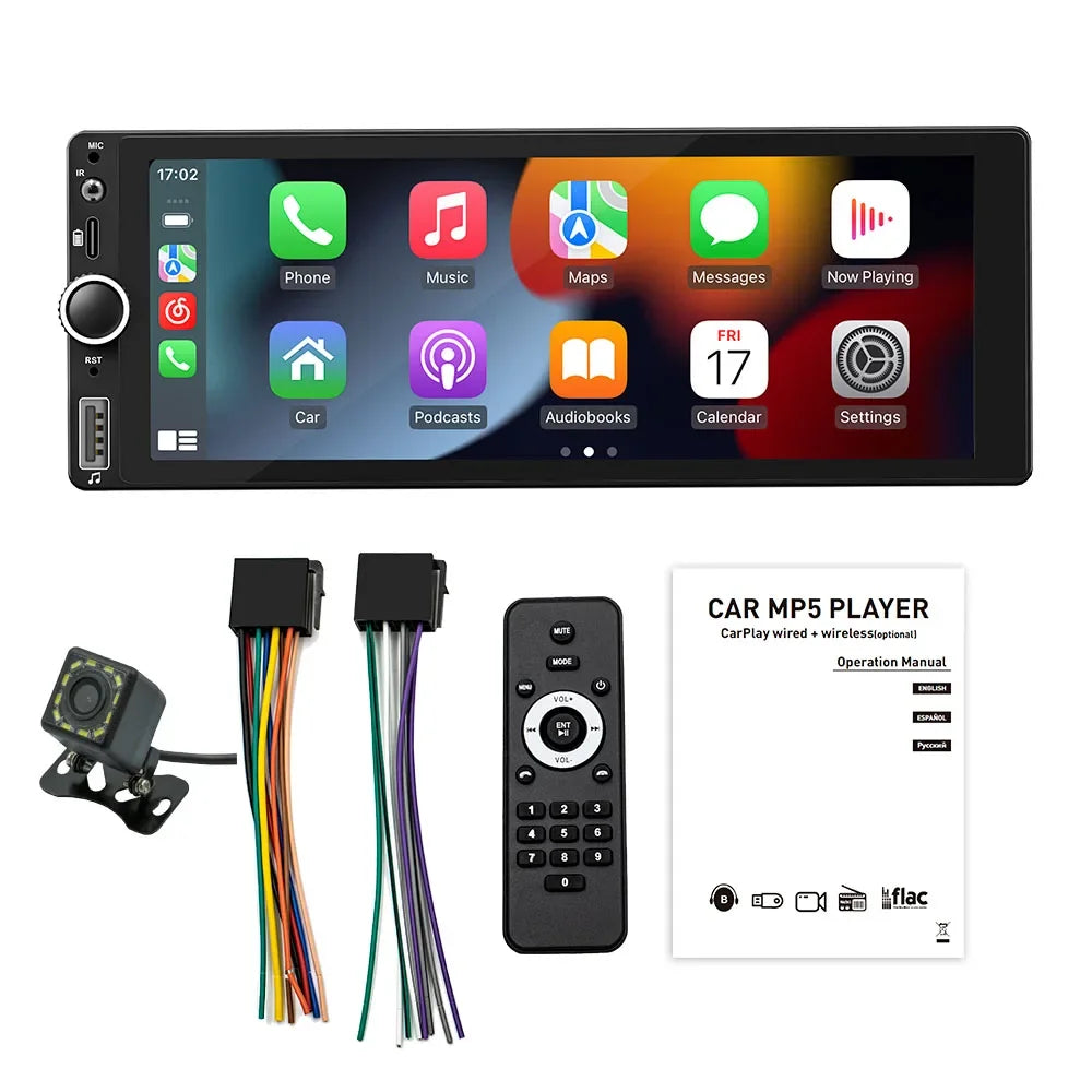 1din 6.86" HD Car Radio Multimedia Carplay Touch Screen Mirror Link Stereo Bluetooth USB FM Camera MP5 Player