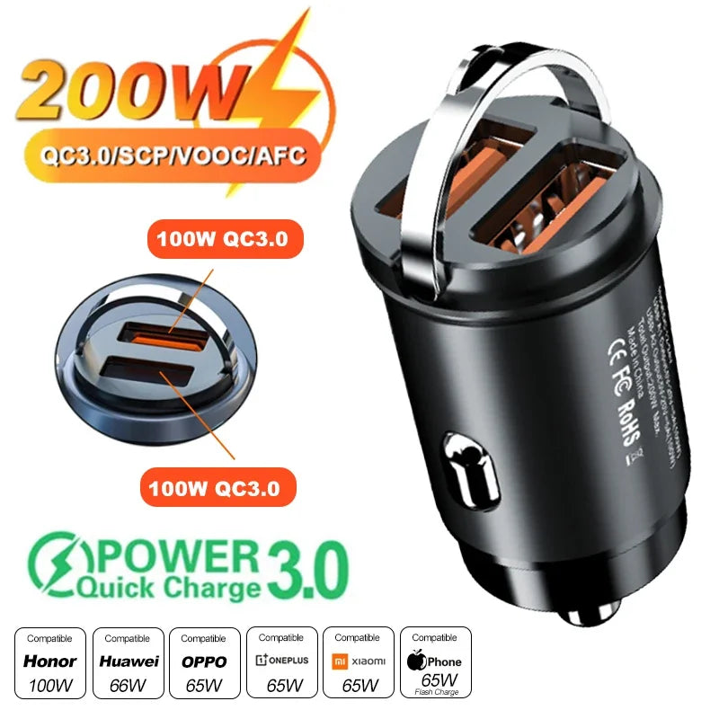 100W/200W QC3.0 PD Mini Car Charger 12-24V Lighter Fast Charging Car USB Type C Charger for Xiaomi Samsung Huawei iPhone Power