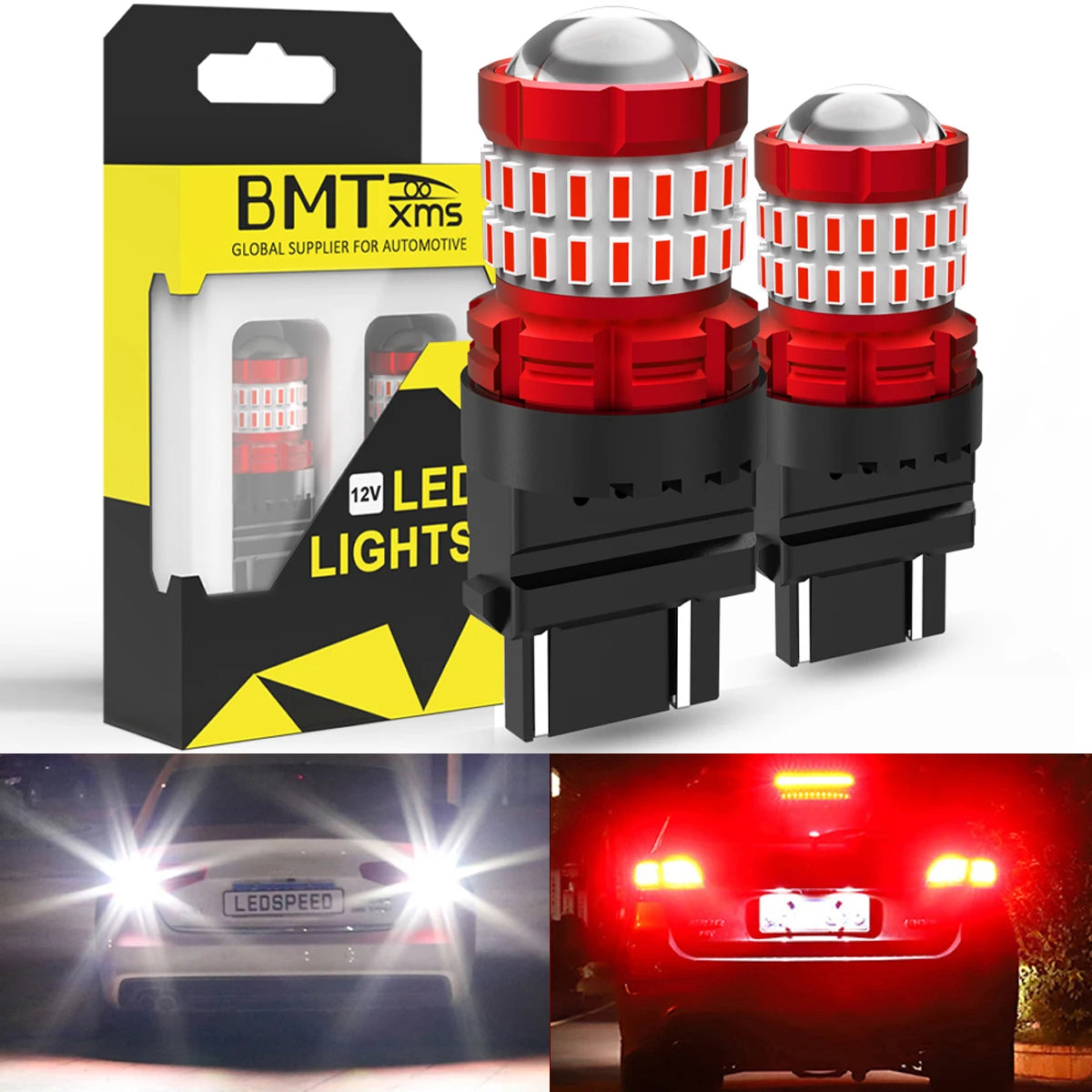 BMTxms 2PCS T25 3157 P27/5W LED Canbus Stop Brake Red Light P27W LED Lamp Bulb Reverse Backup Daytime Running White Signal Light