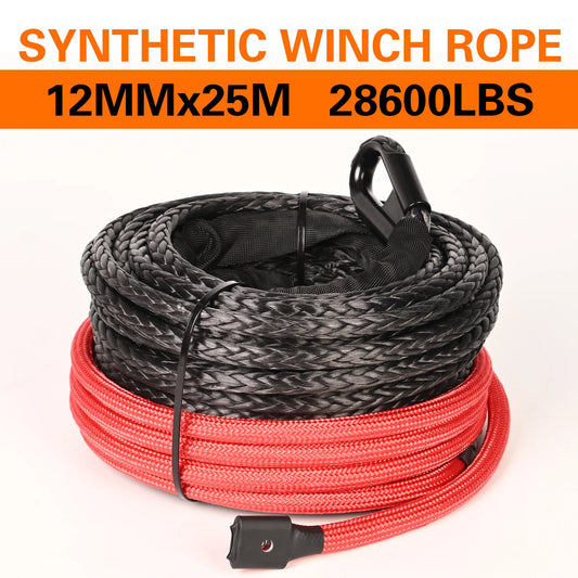 12mm x 25m Synthetic Winch Rope with Protective Sleeve - 28600 LBs Capacity for Truck, 4WD and Off-Road Vehicles Winch Accessory