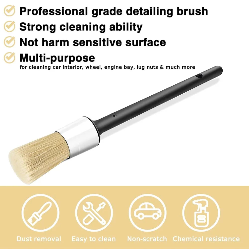 5Pcs Car Detailing Brushes Ultra Soft Boar Hair Bristle Dense Detail Brush for Washing Wheels Exterior Interior Auto Accessories