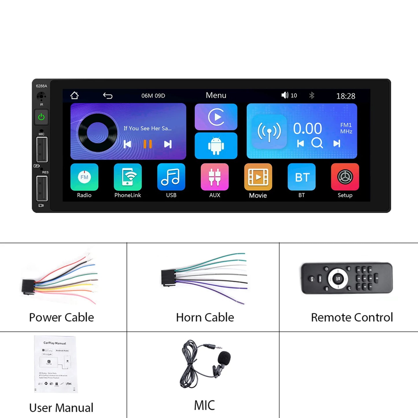 Podofo 1 Din MP5 Car Radio 6.86'' MP5 Player Wired Carplay Android Auto Universal Multimedia Player Mirror Link Car Stereo