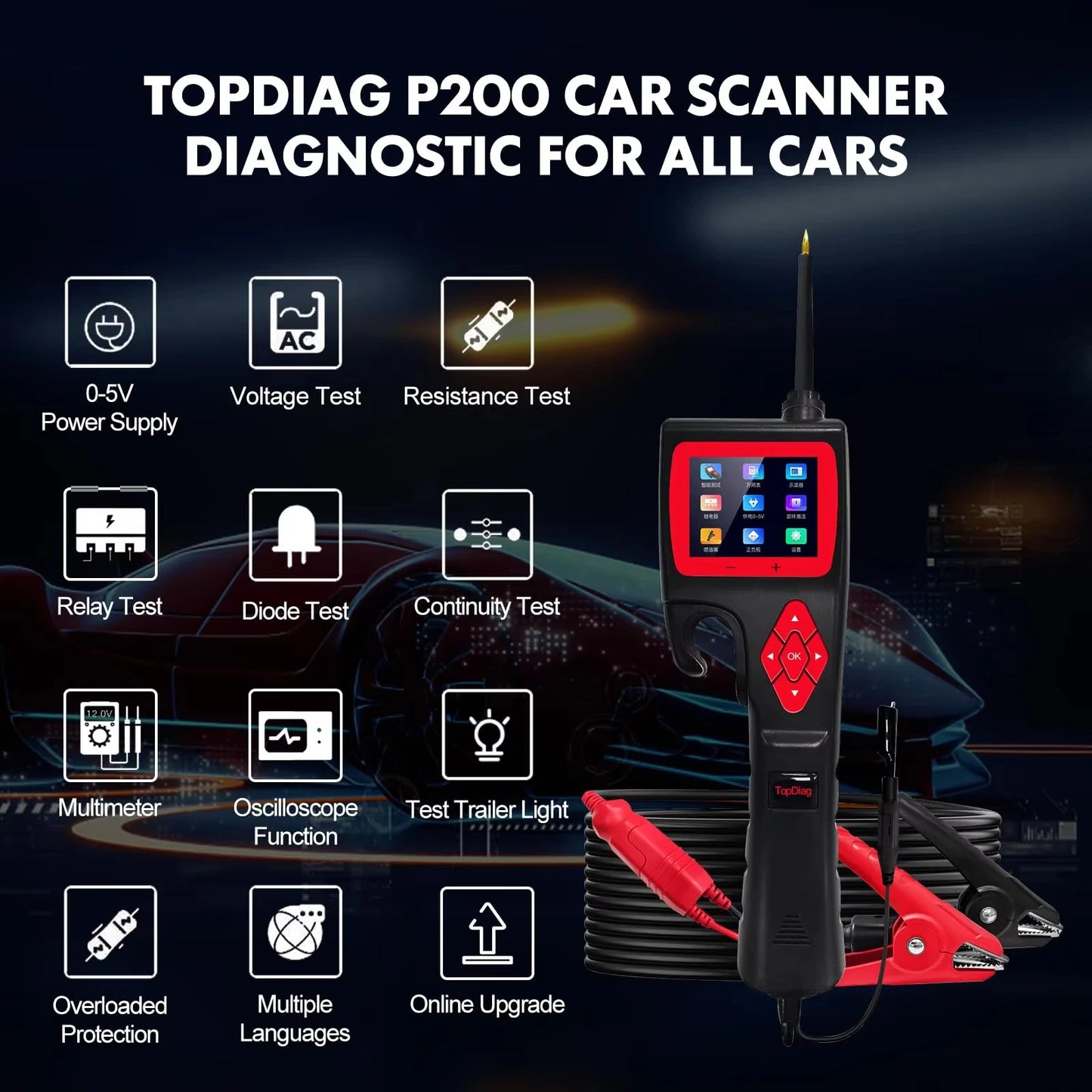 JDiag Topdiag P200 Car Electrical Circuit Analyzer Power Probe Kit Oscilloscope Injector Tester Digital Diagnostic Tool