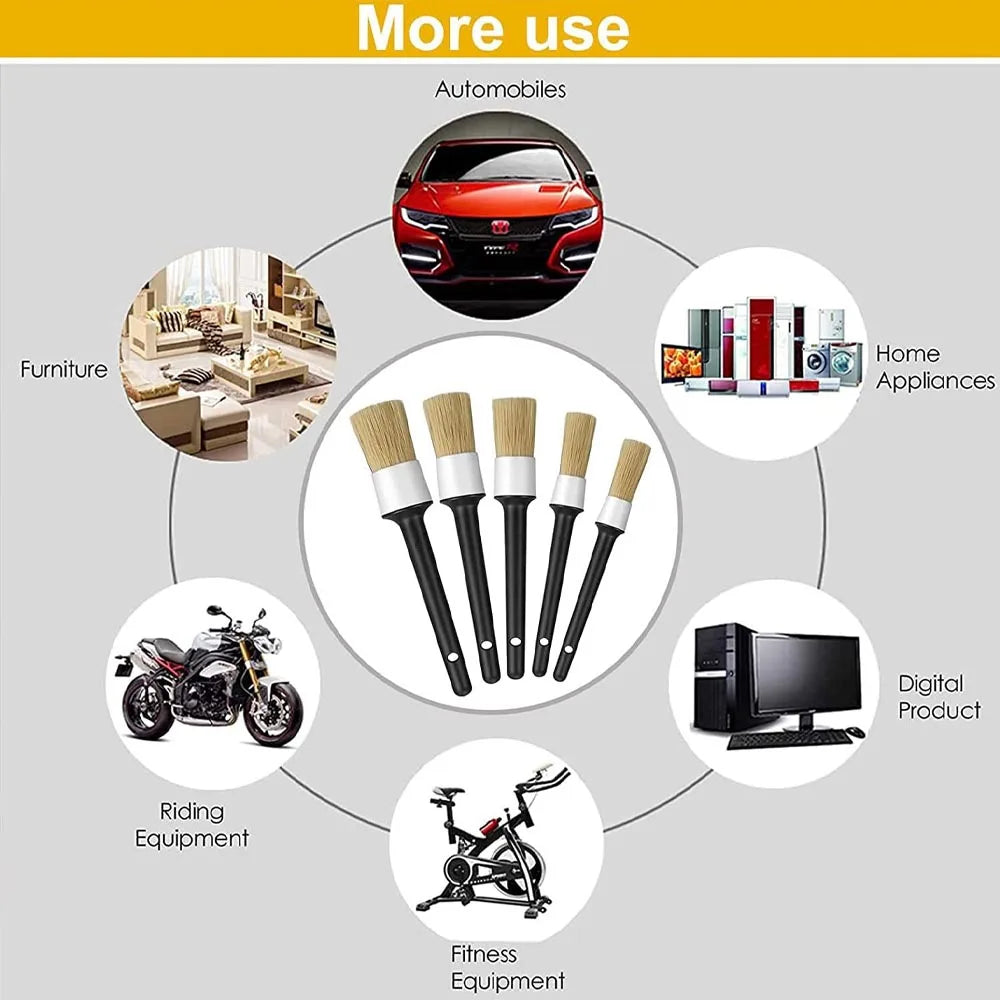 5Pcs Car Detailing Brushes Ultra Soft Boar Hair Bristle Dense Detail Brush for Washing Wheels Exterior Interior Auto Accessories