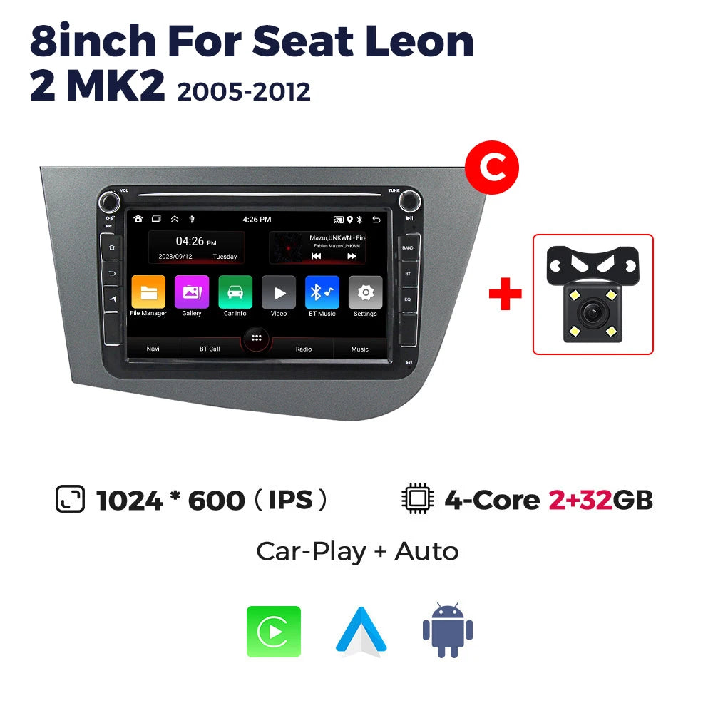 Carplay Android Auto Car Radio for Seat Leon 2 MK2 2005 2006 2007 2008 2009 2010 2011 2012 Multimedia Video Player GPS BT Stereo