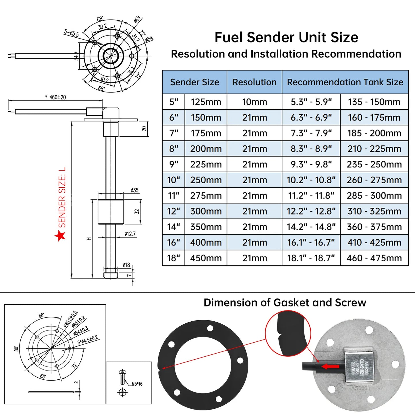 Digital Boat Car Fuel Level Gauge Meter with Flashing Alarm With 0-190ohm Fuel Level Sensor 100~550mm Fuel Sender Unit 12V/24V