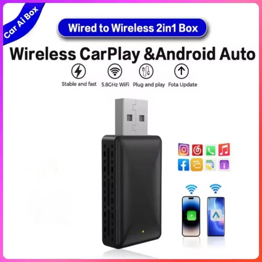 2In1 Wired To Wireless Carplay Android Auto Adapter for Volvo Mercedes-Benz Kia Chery Volkswagen Oem Car Audio Plug and Play