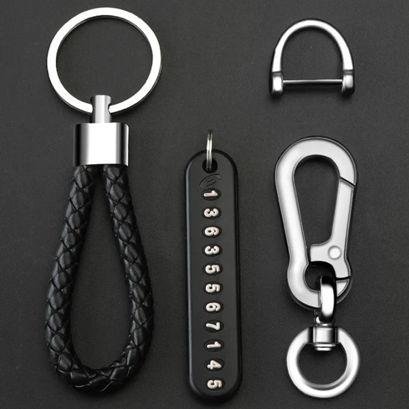 Car Key Chain Deluxe Leather Key Lanyard Cell Phone Number Card Pendant Anti-Lost Metal Buckle Car Key Decoration Accessories
