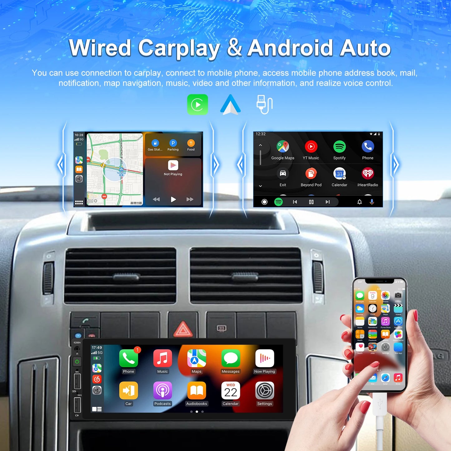 Podofo 1 Din MP5 Car Radio 6.86'' MP5 Player Wired Carplay Android Auto Universal Multimedia Player Mirror Link Car Stereo