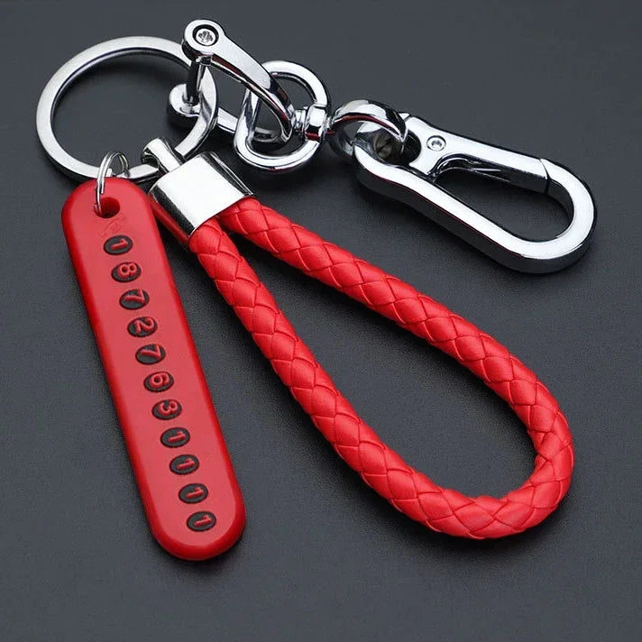 Car Key Chain Deluxe Leather Key Lanyard Cell Phone Number Card Pendant Anti-Lost Metal Buckle Car Key Decoration Accessories