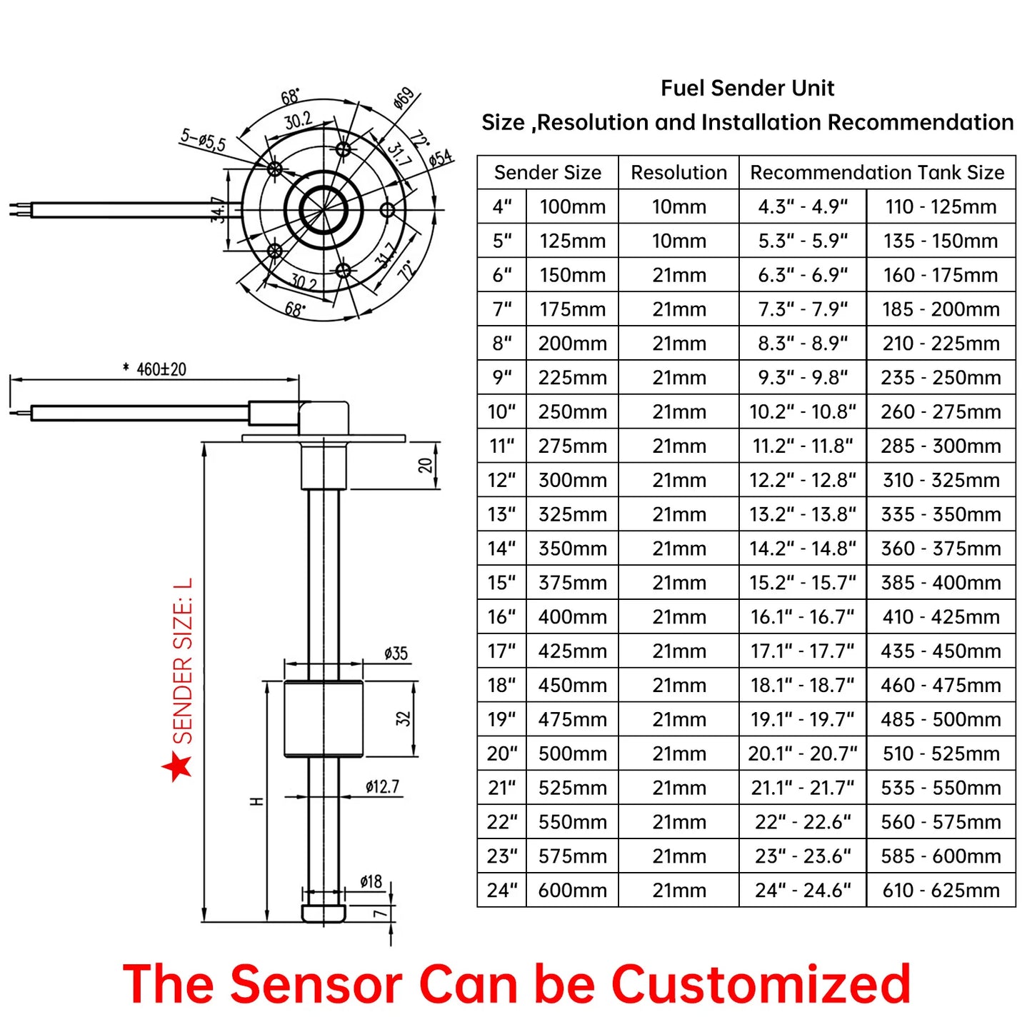 MH Car Fuel Level Sensor 0-190 ohm Stainless Steel A5 Oil Tank Level Meter Sensor 100/200/500mm for Boat Auto Car Marine 12V24V
