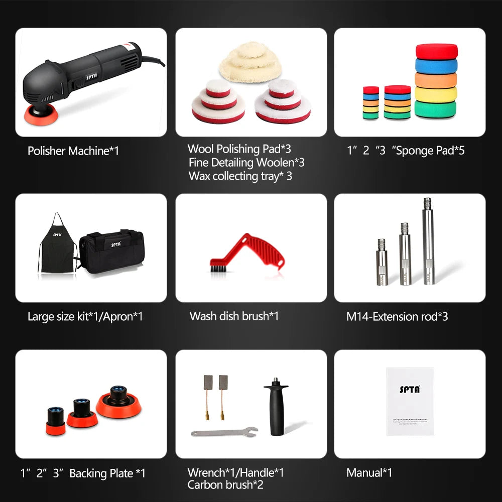 SPTA 3" Polishing Machine Mini Car Polisher Home DIY Auto Micro Rotary Polisher with 29pcs Car Polishing Pad Set