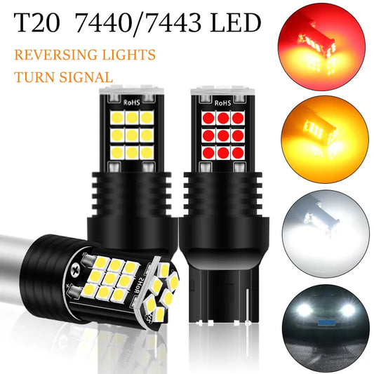 2Pcs T20 7440 Led Turn Signal Light W21W Reverse Light Bulb 3030SMD Universal Car 7443 W21/5W Amber Red Led Brake Light 12V