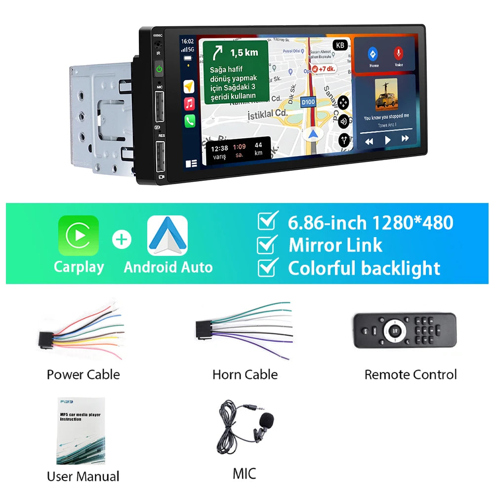 Podofo 1 Din MP5 Car Radio 6.86'' MP5 Player Wired Carplay Android Auto Universal Multimedia Player Mirror Link Car Stereo
