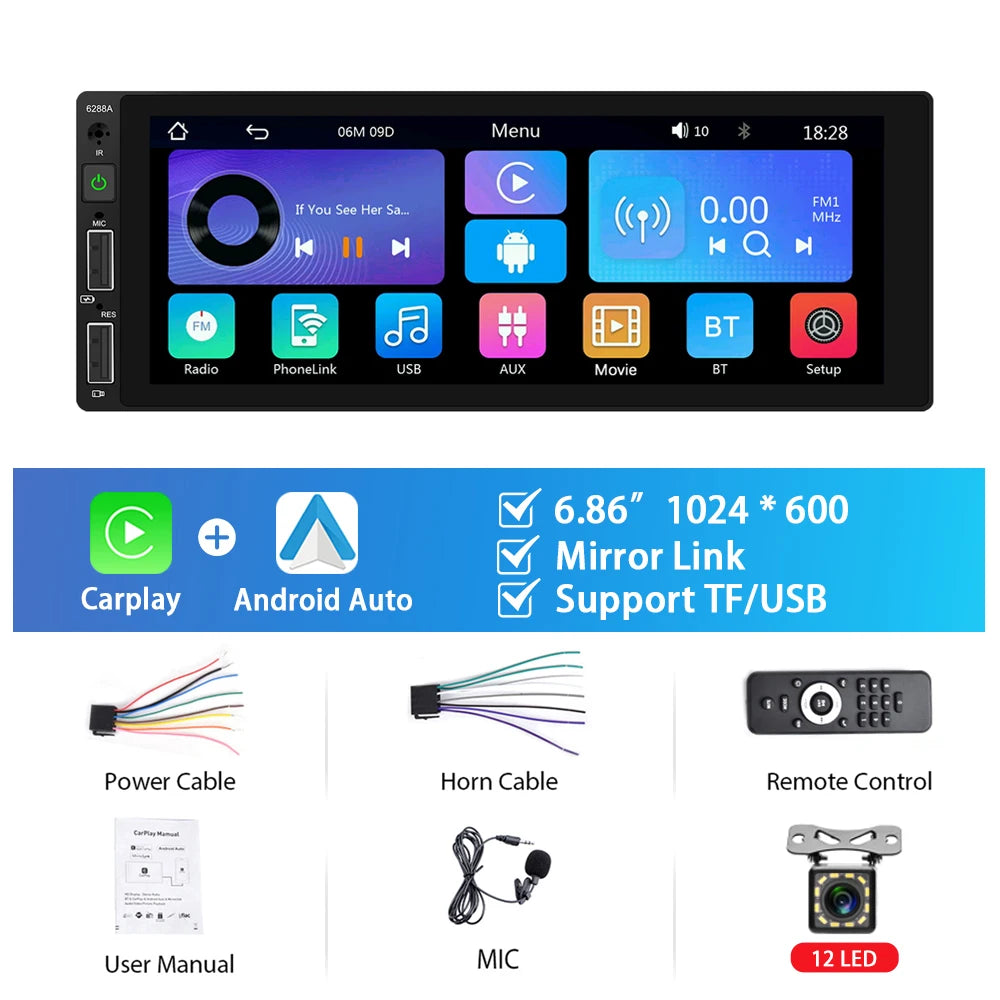 Podofo 1 Din MP5 Car Radio 6.86'' MP5 Player Wired Carplay Android Auto Universal Multimedia Player Mirror Link Car Stereo