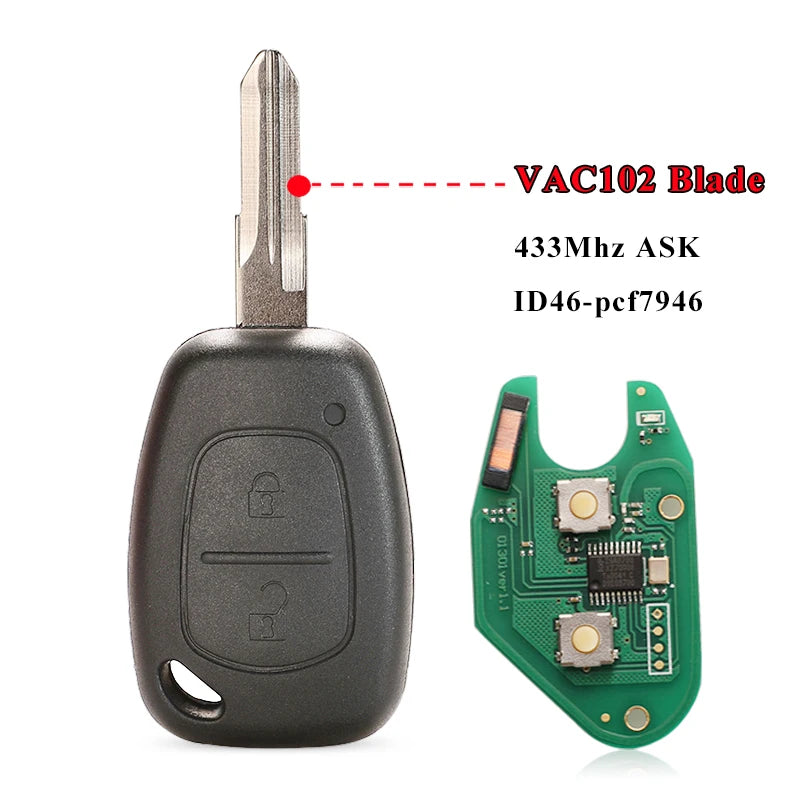 jingyuqin 10pcs/lot Car Remote Key Suit for Renault CLIO SCENIC KANGOO PCF7946 Chip 433MHZ Ne72 VAC102 Blade 2 Button FCB Key