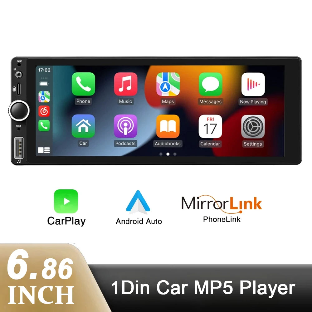 1din 6.86" HD Car Radio Multimedia Carplay Touch Screen Mirror Link Stereo Bluetooth USB FM Camera MP5 Player