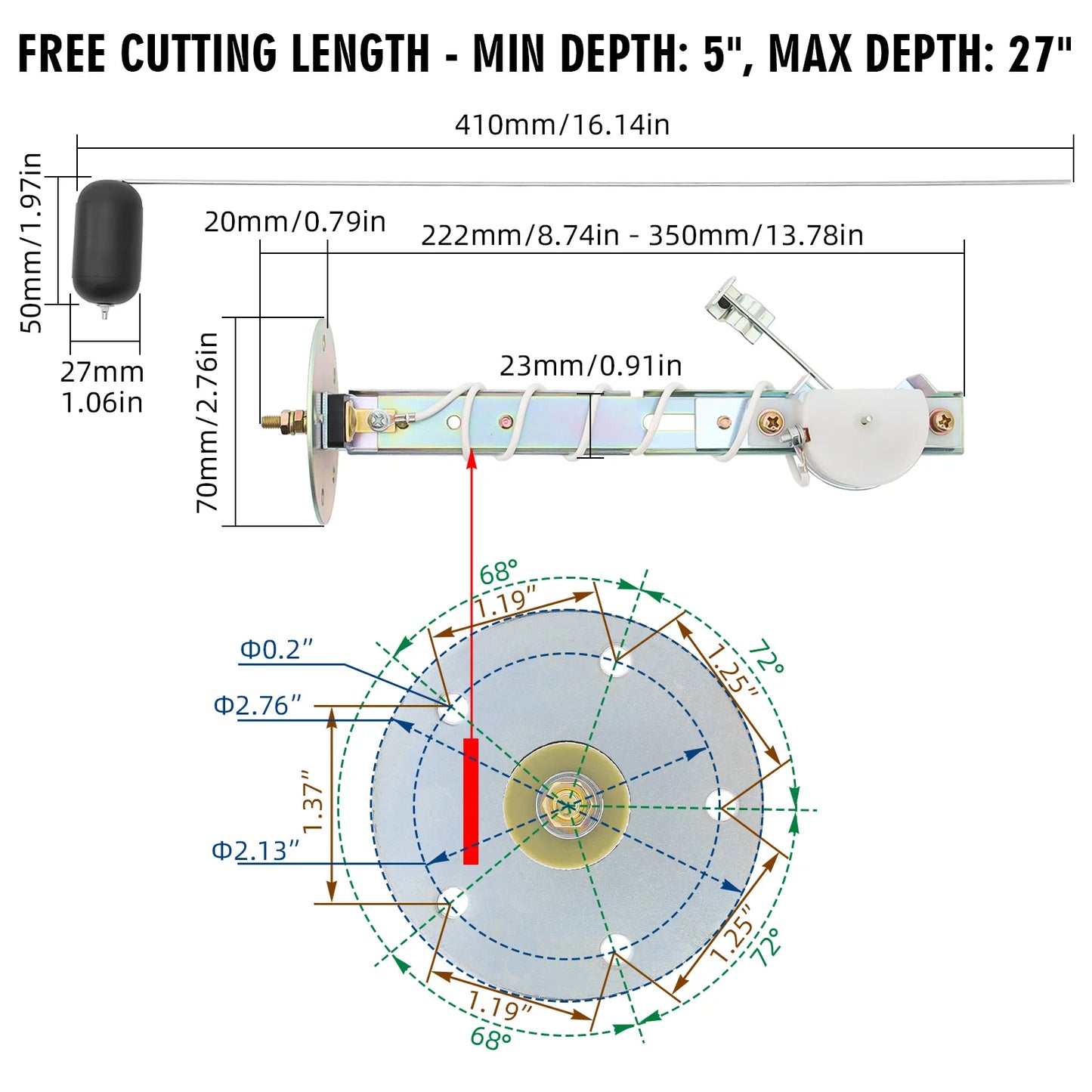 0 ohms Empty 190 ohms Full Fuel Level Sensor / Water Level Stainless Steel Sensor For Auto Car Boat Gauge Tank Level Indicato