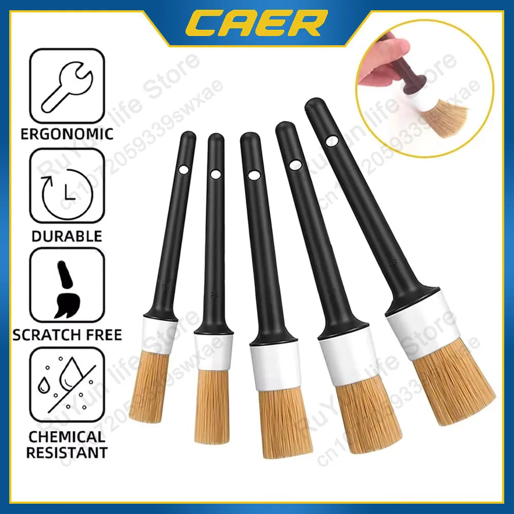 5Pcs Car Detailing Brushes Ultra Soft Boar Hair Bristle Dense Detail Brush for Washing Wheels Exterior Interior Auto Accessories