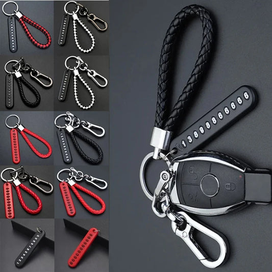 Car Key Chain Deluxe Leather Key Lanyard Cell Phone Number Card Pendant Anti-Lost Metal Buckle Car Key Decoration Accessories