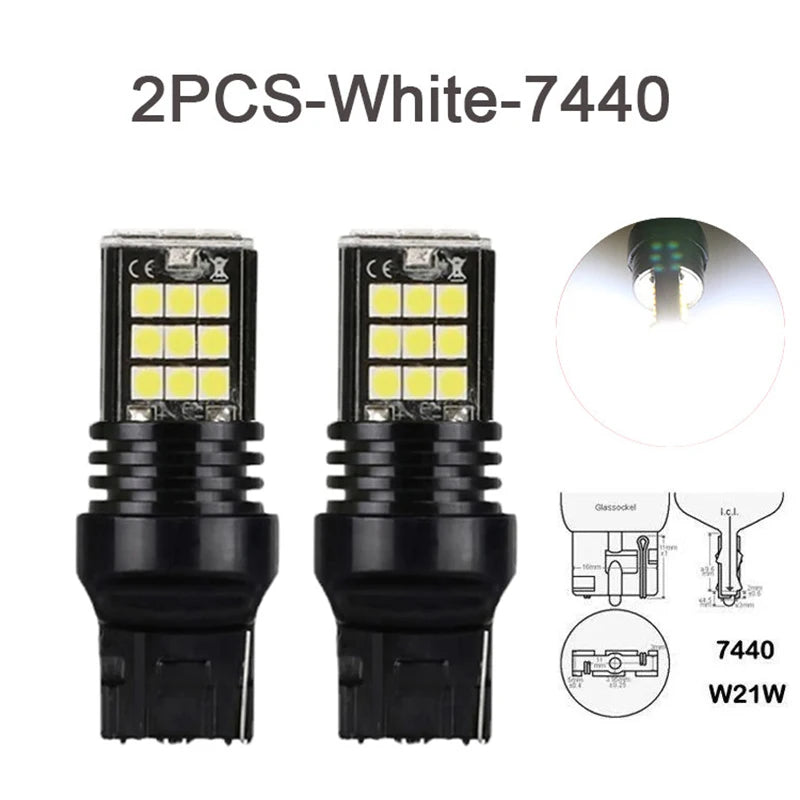 2Pcs T20 7440 Led Turn Signal Light W21W Reverse Light Bulb 3030SMD Universal Car 7443 W21/5W Amber Red Led Brake Light 12V