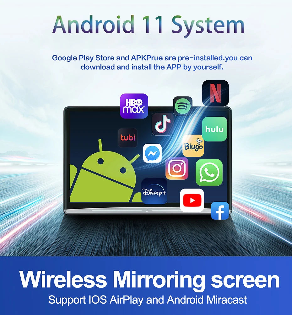 13.3 inch IPS Touch Car Headrest Monitor 4K Video Player Android 11 Wifi Game Remote Control HDMI IR AV FM USB RAM 2G/32GB ROM