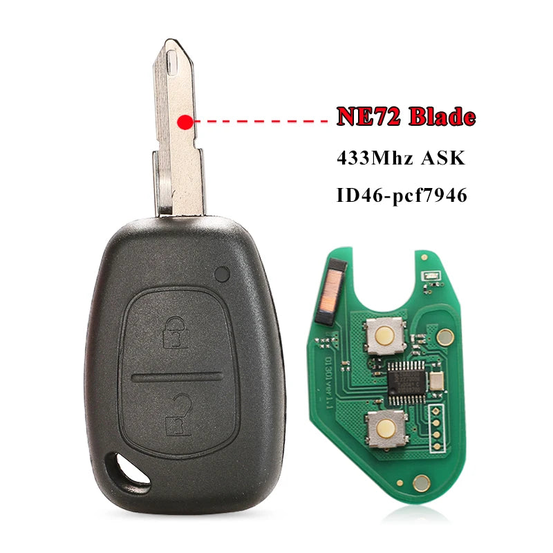 jingyuqin 10pcs/lot Car Remote Key Suit for Renault CLIO SCENIC KANGOO PCF7946 Chip 433MHZ Ne72 VAC102 Blade 2 Button FCB Key