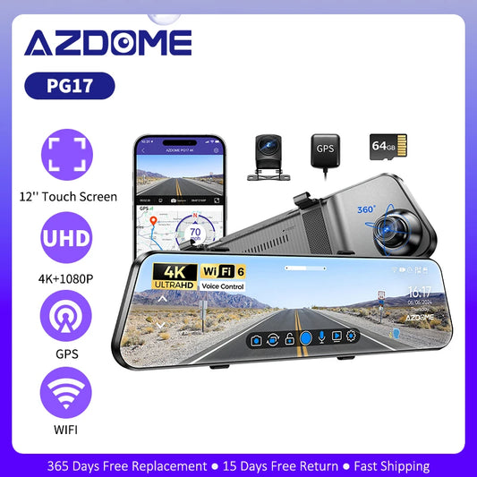AZDOME PG17 12" 4K Mirror Dash Cam Wi-Fi Rear View Mirror Camera GPS Dash Camera for Car Rearview Mirror Cam Parking Assistance
