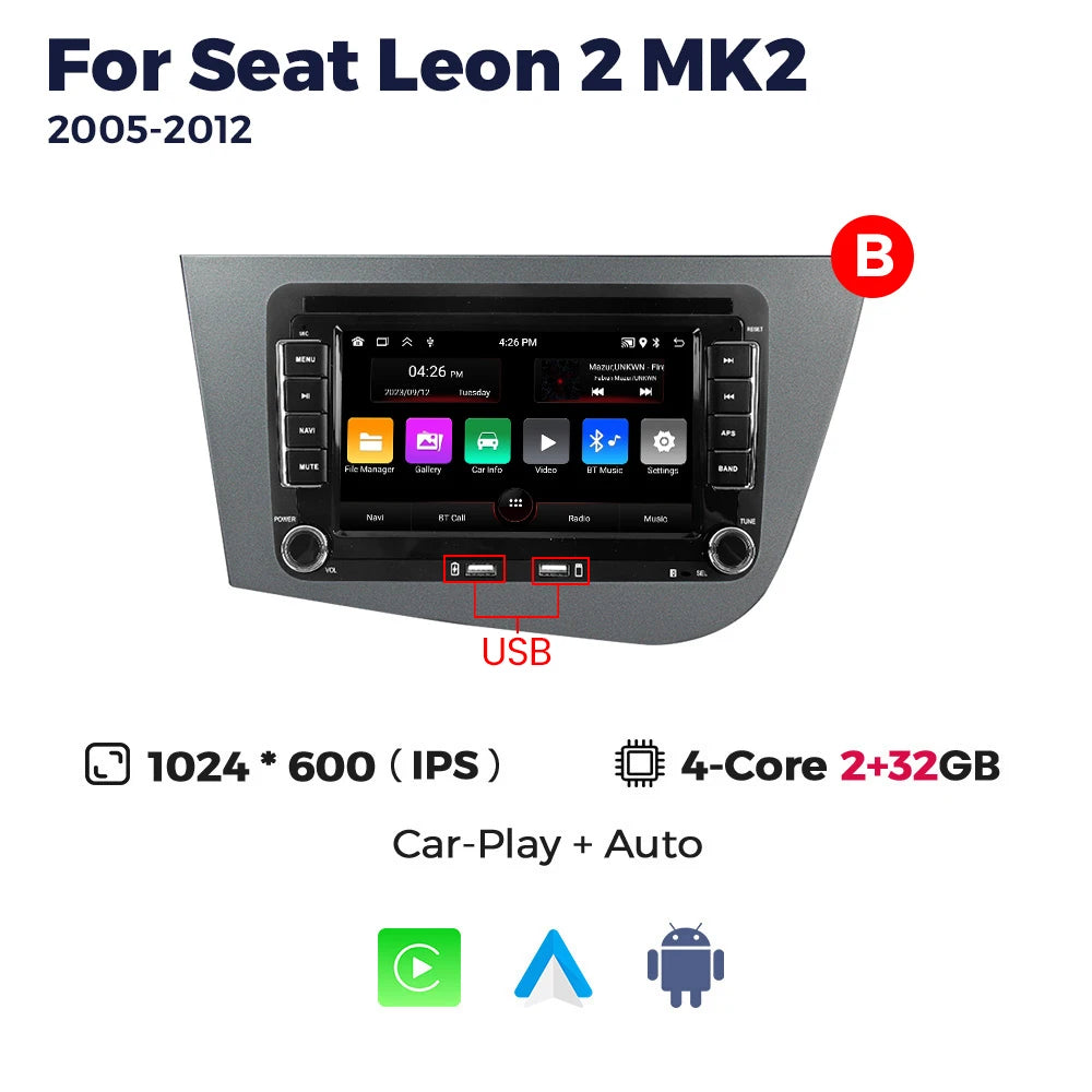 Carplay Android Auto Car Radio for Seat Leon 2 MK2 2005 2006 2007 2008 2009 2010 2011 2012 Multimedia Video Player GPS BT Stereo