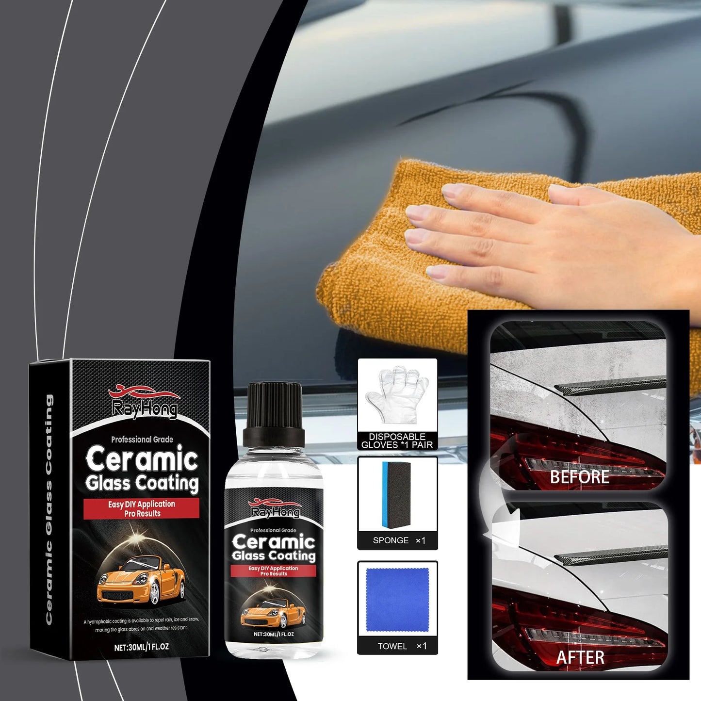 Ceramic Glass Coating Hydrophobic Coating Agent For Car Windshield-Waterproof, Anti-Rain, Anti-Fog, Long-Lasting Protection Kit