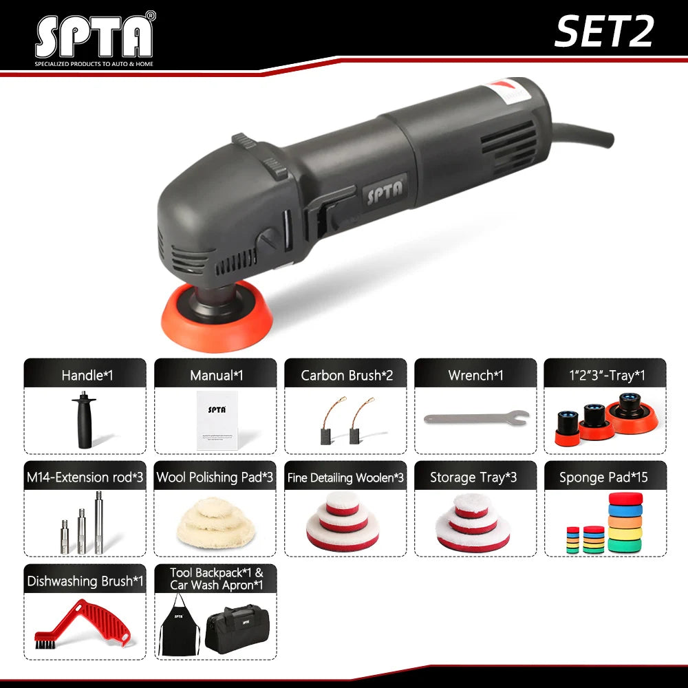 SPTA 3" Polishing Machine Mini Car Polisher Home DIY Auto Micro Rotary Polisher with 29pcs Car Polishing Pad Set