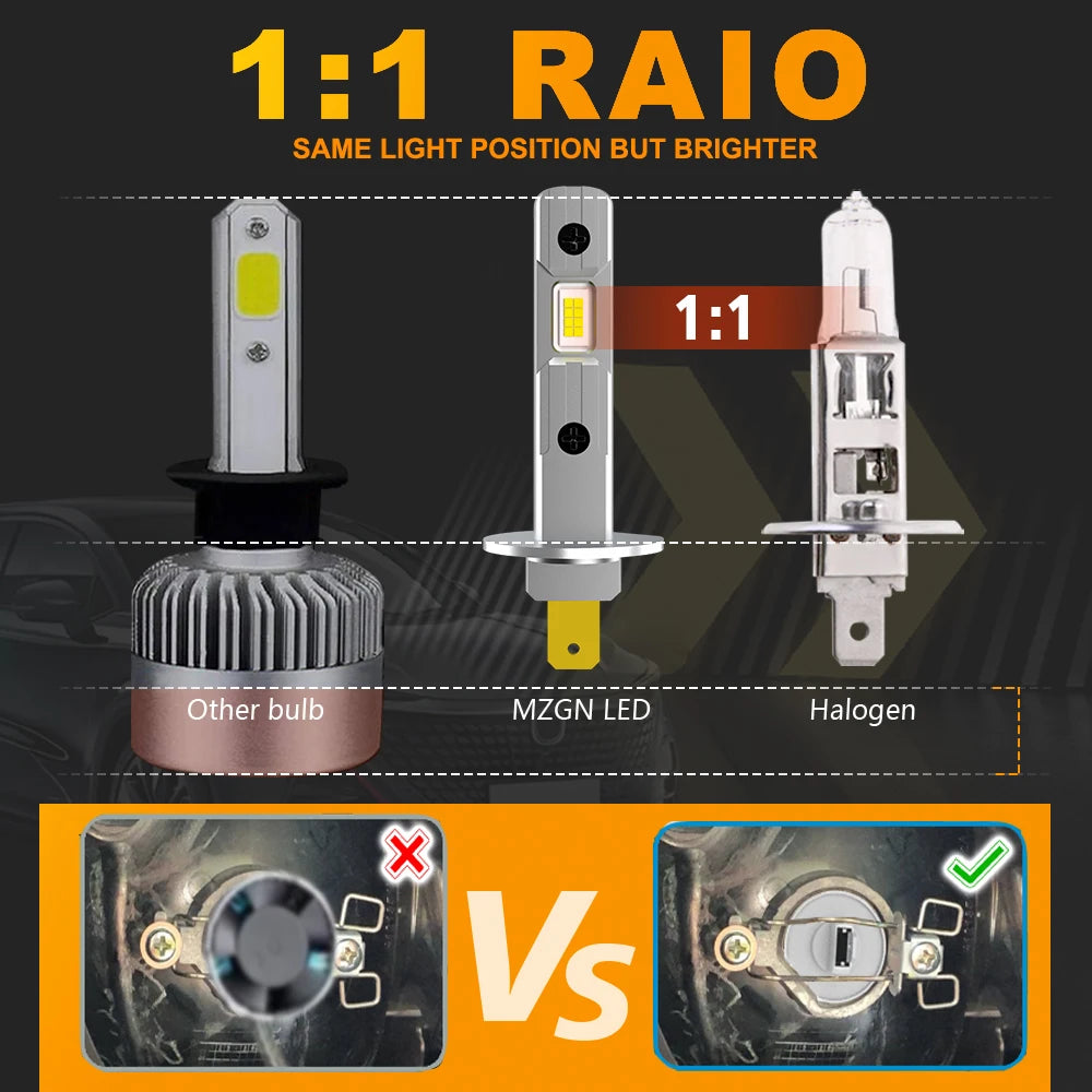 MZGN 2Pcs H1 H3 H7 12V 50W 12000lm 300% Brighter 6000K Led Headlight Bulb  Halogen Size for Car Headlamp   Fog Light  Auto