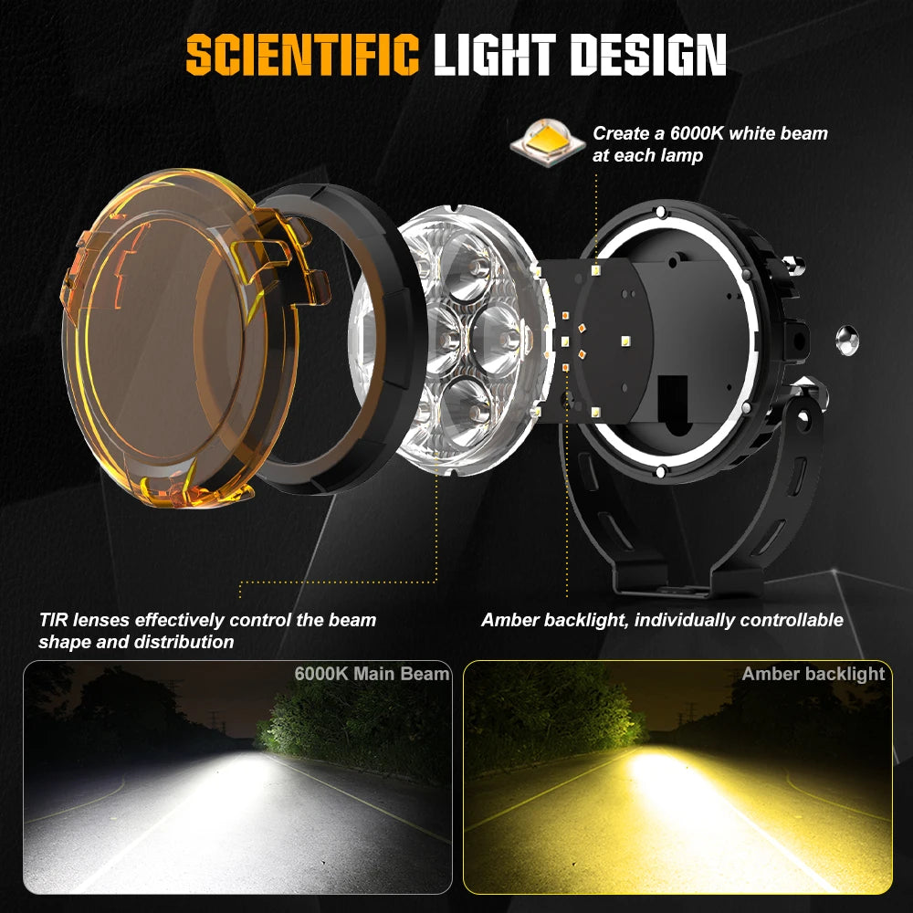 HL Super Bright 5inch Round LED Work Light Dual Color Driving Light Detachable Mask Design Fog Light for Offroad 4x4 Truck 12V
