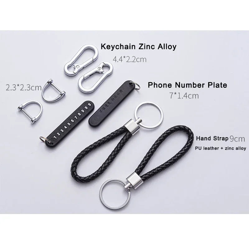 Car Key Chain Deluxe Leather Key Lanyard Cell Phone Number Card Pendant Anti-Lost Metal Buckle Car Key Decoration Accessories